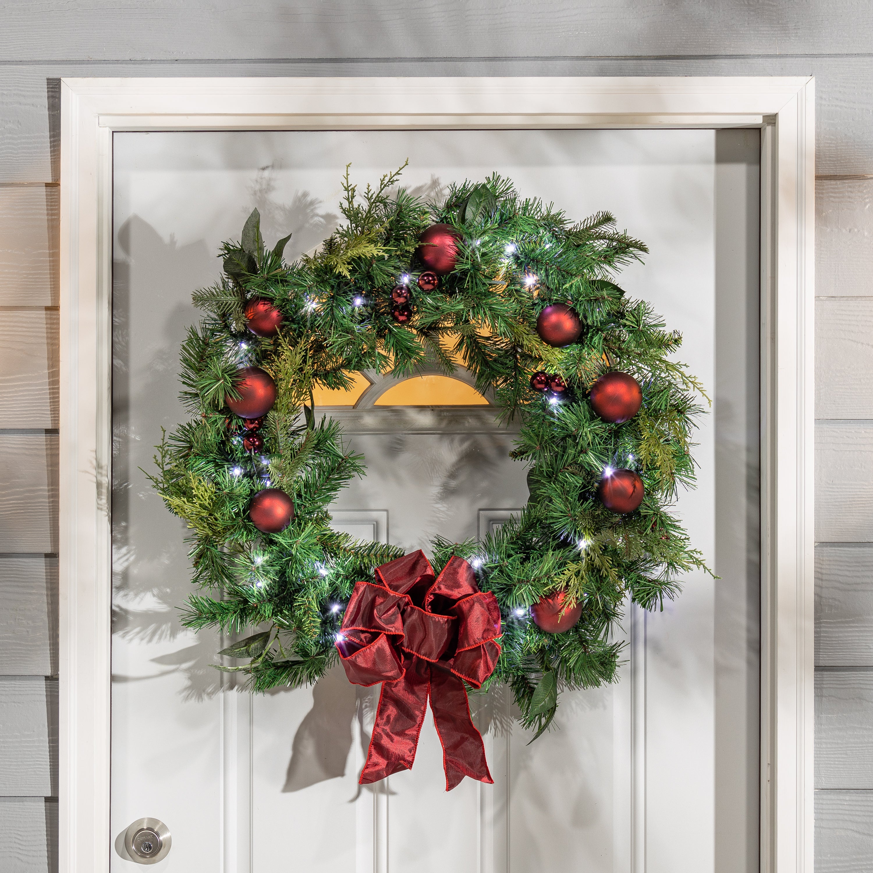 32 in Holiday Cedar Wreath with Red Bow and Christmas Ornaments